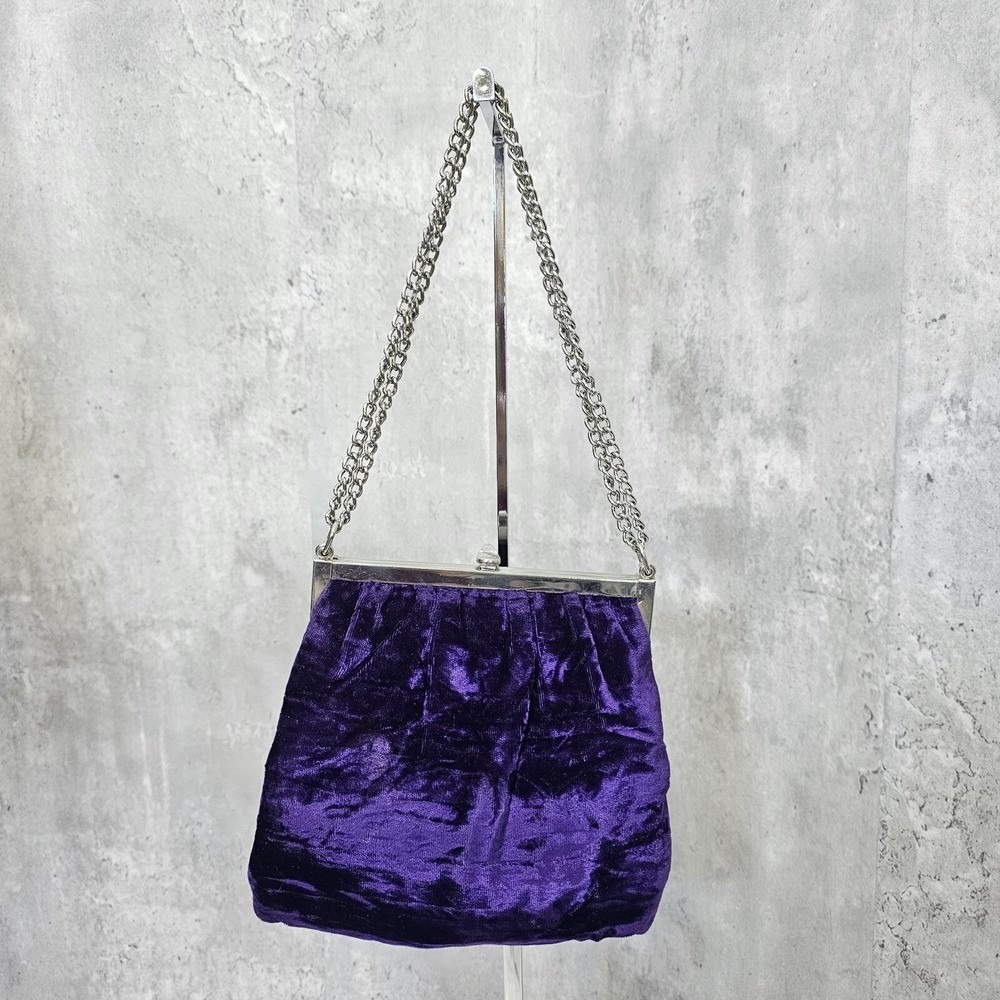 Vintage Purple Velvet Evening Bag Silver Frame Chain Strap Kiss Lock Purse - Picture 10 of 16